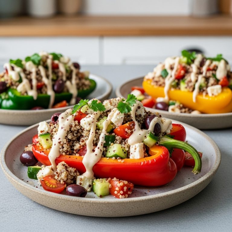 Mediterranean Quinoa Stuffed Bell Peppers with Lemon-Tahini Dressing