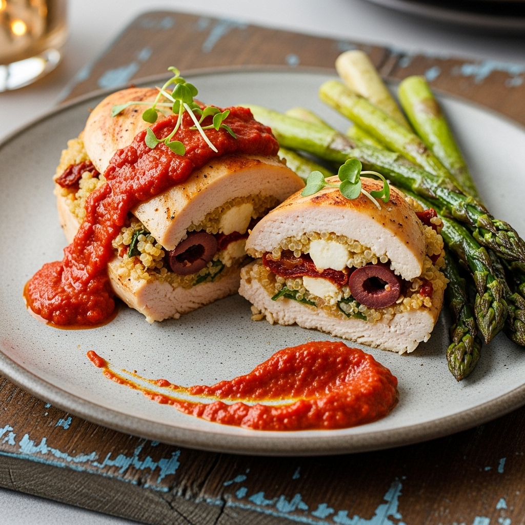 Mediterranean Quinoa-Stuffed Chicken Breasts with Sun-Dried Tomato Pesto & Asparagus Spears