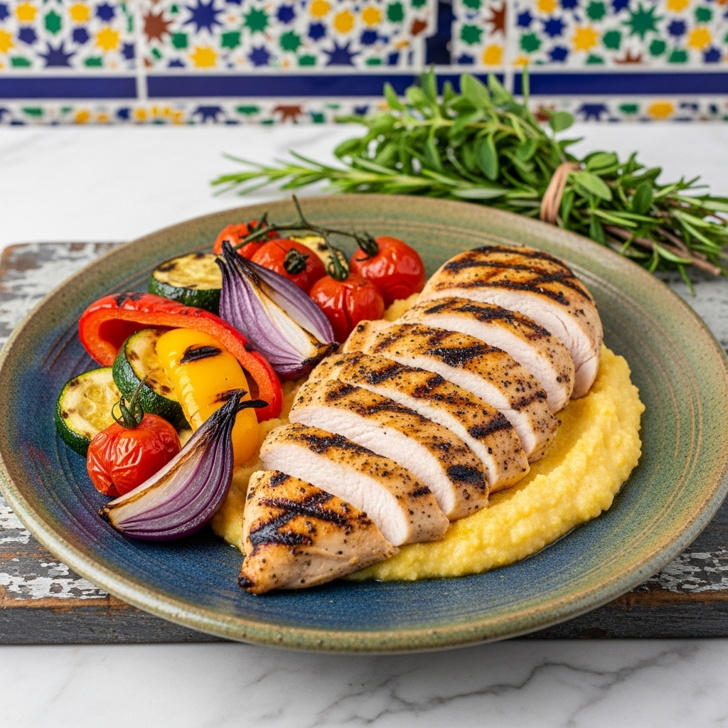 Mediterranean Sea Breeze Grilled Chicken with Creamy Polenta and Roasted Vegetables