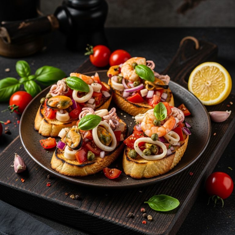 Mediterranean Seafood Bruschetta on Crostini – A Fresh, Flavorful Italian Snack
