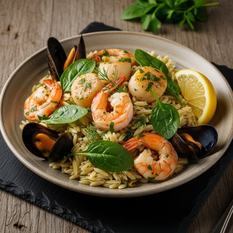 “Mediterranean Seafood Orzo with Spinach & Lemon Herb Sauce – Gluten-Free Greek Paradise!”