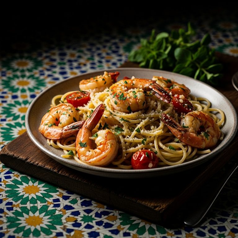 Mediterranean Shrimp Scampi with Garlic Parmesan Linguine