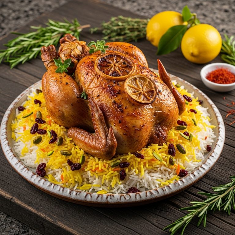 “Mediterranean Spiced Herb Roasted Chicken with Saffron-infused Persian Rice”