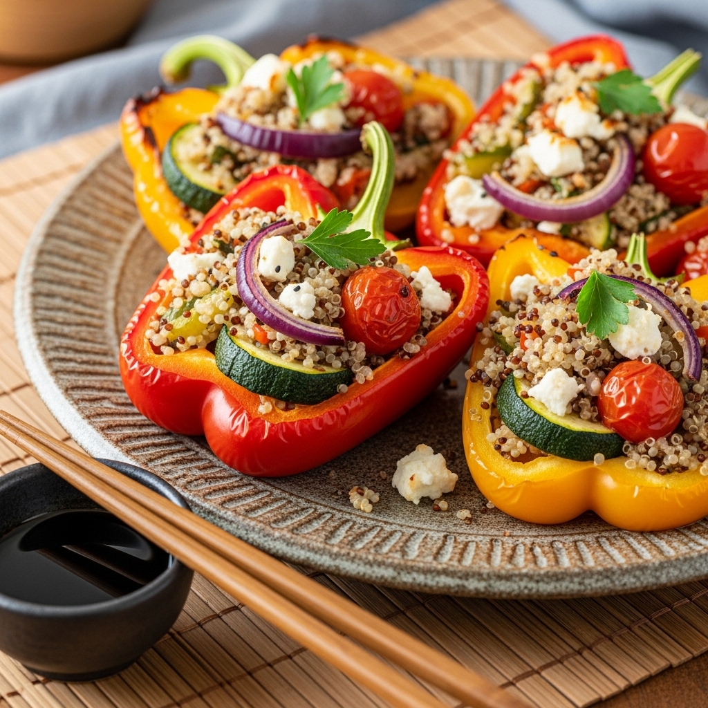 Mediterranean Stuffed Bell Peppers with Quinoa and Roasted Vegetables