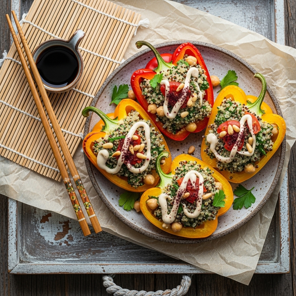 “Mediterranean Vegan Brunch Delight: Lebanese Quinoa Stuffed Peppers”
