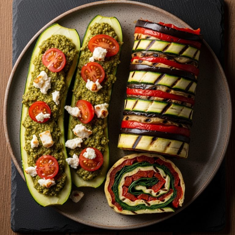 Mediterranean Vegetable Roulade with Pesto Stuffed Zucchini Boats