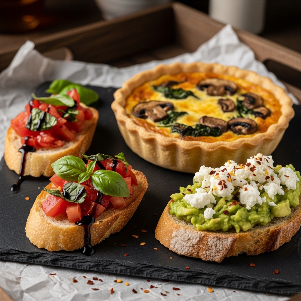 Mediterranean Vegetarian Breakfast Delight: Mushroom Quiche, Tomato Bruschetta & Avocado Feta Toast