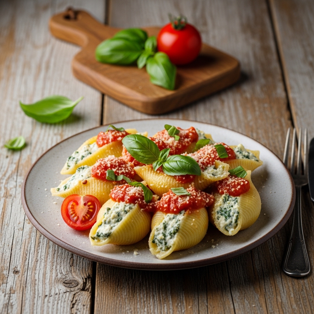“Mediterranean Vegetarian Delight: Creamy Spinach Ricotta Stuffed Shells with Tomato Basil Sauce”
