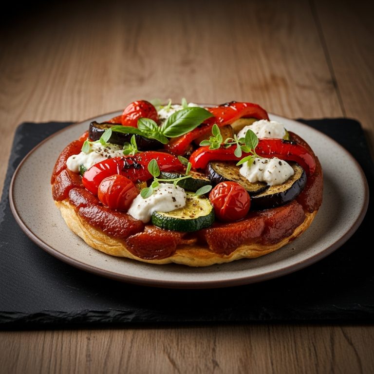 “Mediterranean Vegetarian Tarte Tatin with Roasted Vegetables & Goat Cheese”