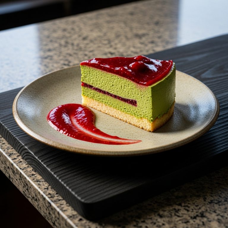 Melt-in-Your-Mouth Japanese Gluten-Free Matcha Mousse Torte with Raspberry Coulis
