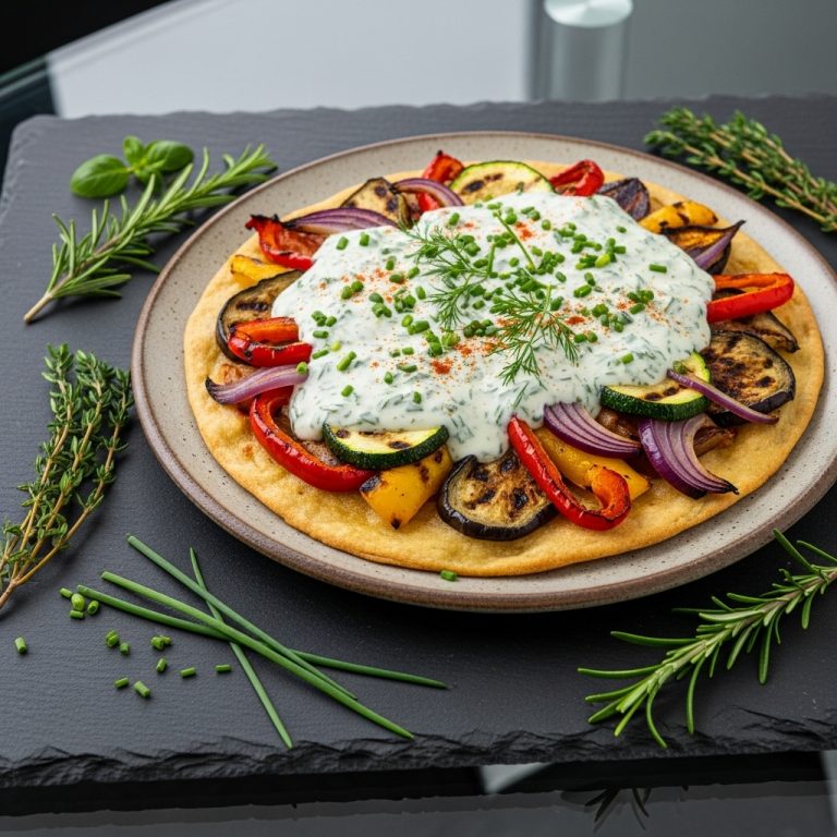 Melting Pot of German-Vegetarian Delights: Grilled Vegetable Flammkuchen with Creamy Herb Sauce