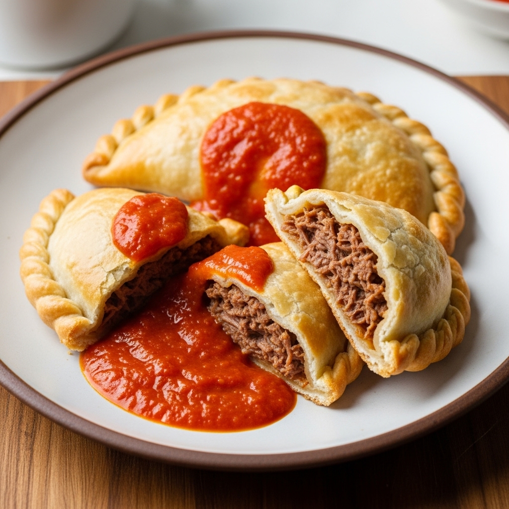 “Meltingly Tender Chilean Beef Empanadas with Spicy Tomato Sauce”