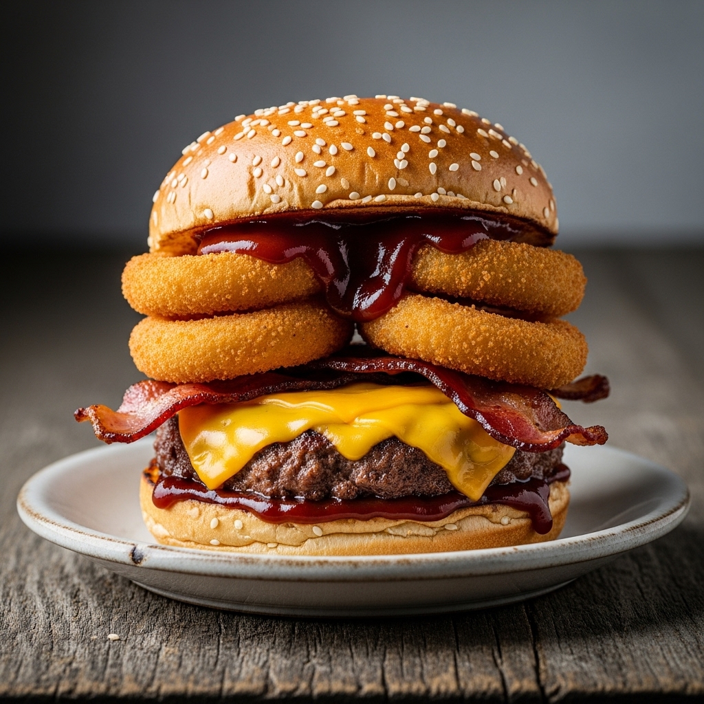 Memphis Smokehouse BBQ Burger with Bacon Onion Rings