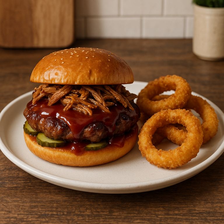 Memphis-Style BBQ Burger with Sweet Onion Rings