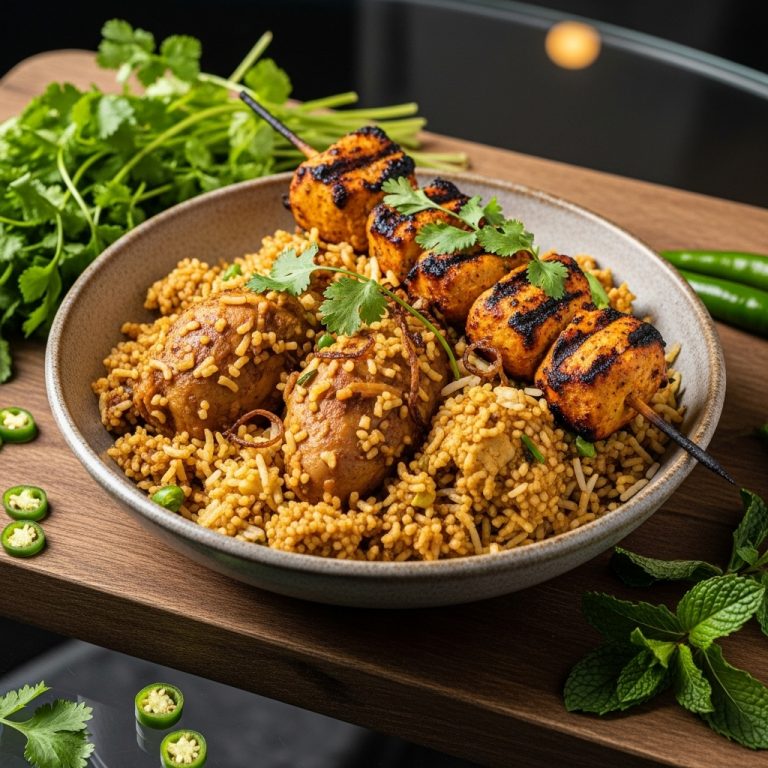 “Mesmerizing Paleo Pakistani Lunch Bowl: Aromatic Biryani & Grilled Chicken Skewers”