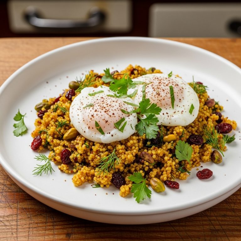 “Mesmerizing Persian Brunch Delight: Paleo-Friendly Saffron Quinoa Pilaf & Herbed Poached Eggs”