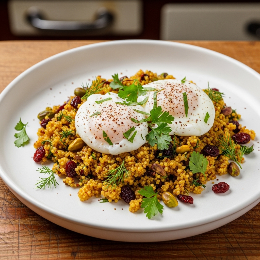 “Mesmerizing Persian Brunch Delight: Paleo-Friendly Saffron Quinoa Pilaf & Herbed Poached Eggs”
