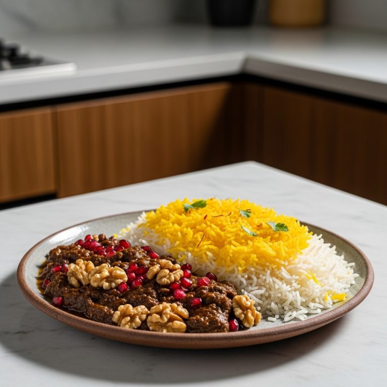 Mesmerizing Persian Gluten-Free Fesenjan Dinner Feast: Walnut and Pomegranate Stew with Tahdig and Saffron Rice