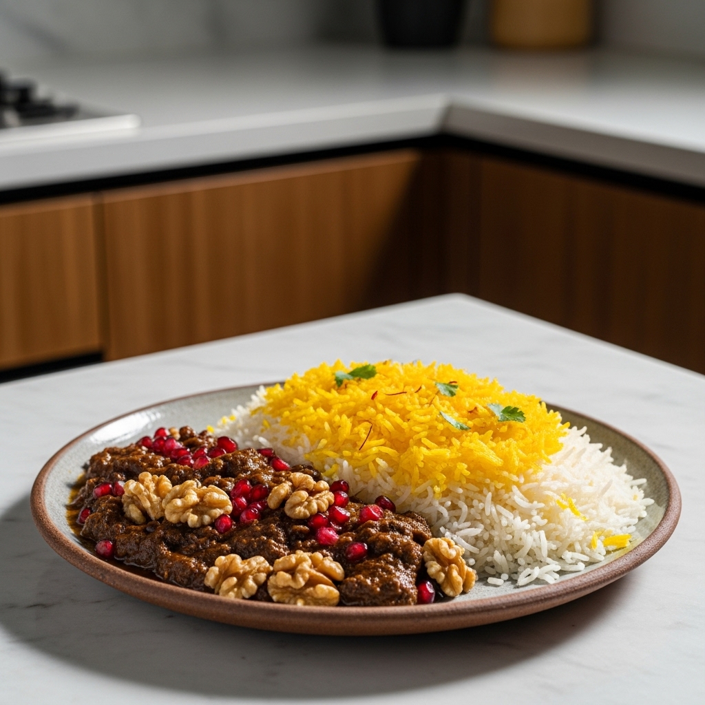 Mesmerizing Persian Gluten-Free Fesenjan Dinner Feast: Walnut and Pomegranate Stew with Tahdig and Saffron Rice