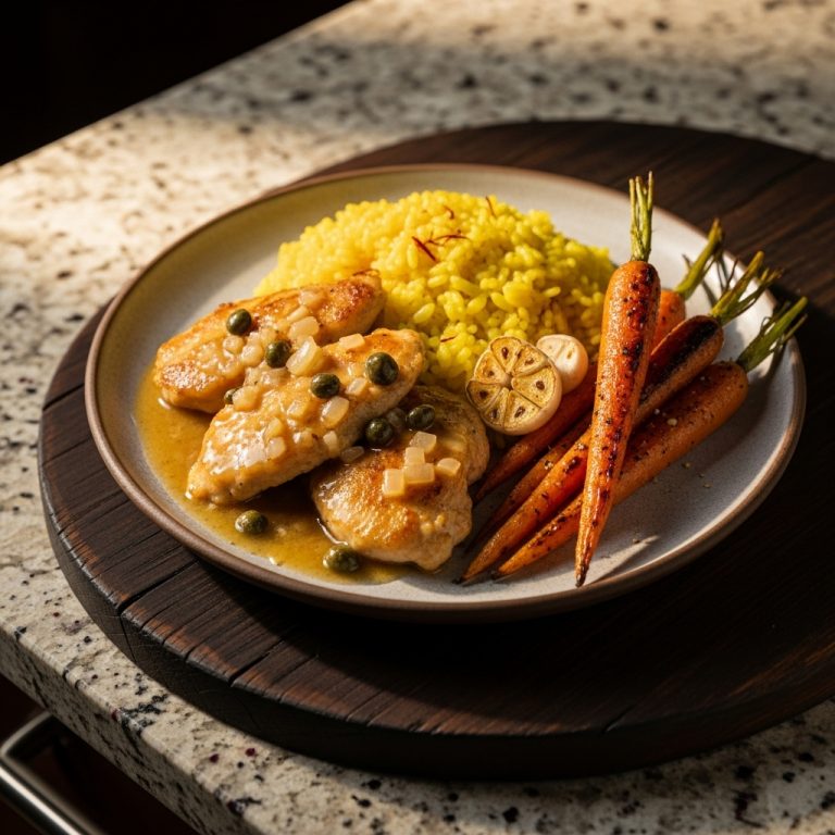 “Mesmerizing Spanish Gluten-Free Dinner: Chicken Piccata with Saffron Risotto & Garlic-Roasted Carrots”