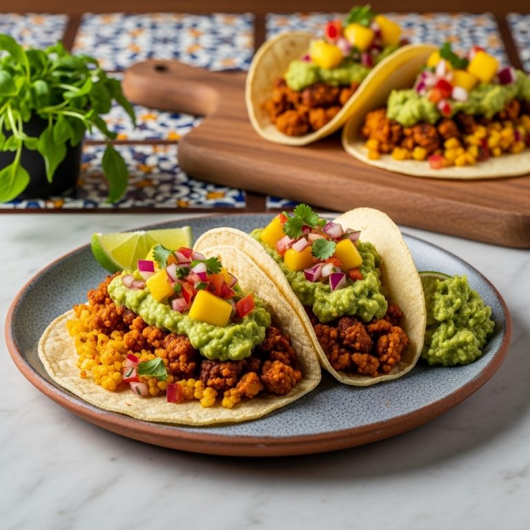“Mesmerizing Vegan Mexican Feast: Colorful Cauliflower Rice Tacos with Mango Salsa & Spicy Guacamole”