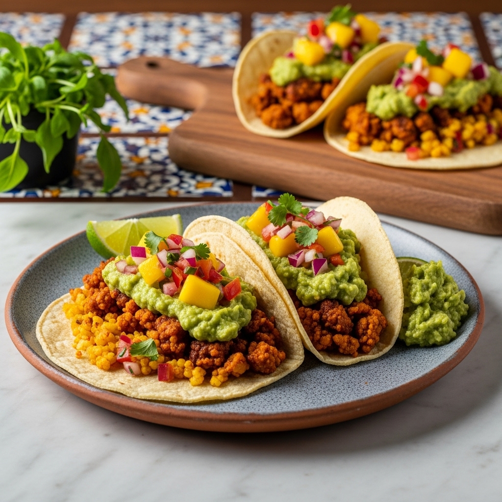 “Mesmerizing Vegan Mexican Feast: Colorful Cauliflower Rice Tacos with Mango Salsa & Spicy Guacamole”