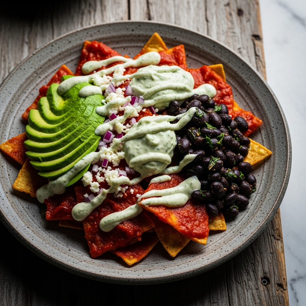 Mexican Brunch Fiesta: Spicy Vegetarian Chilaquiles with Avocado Crema and Black Beans