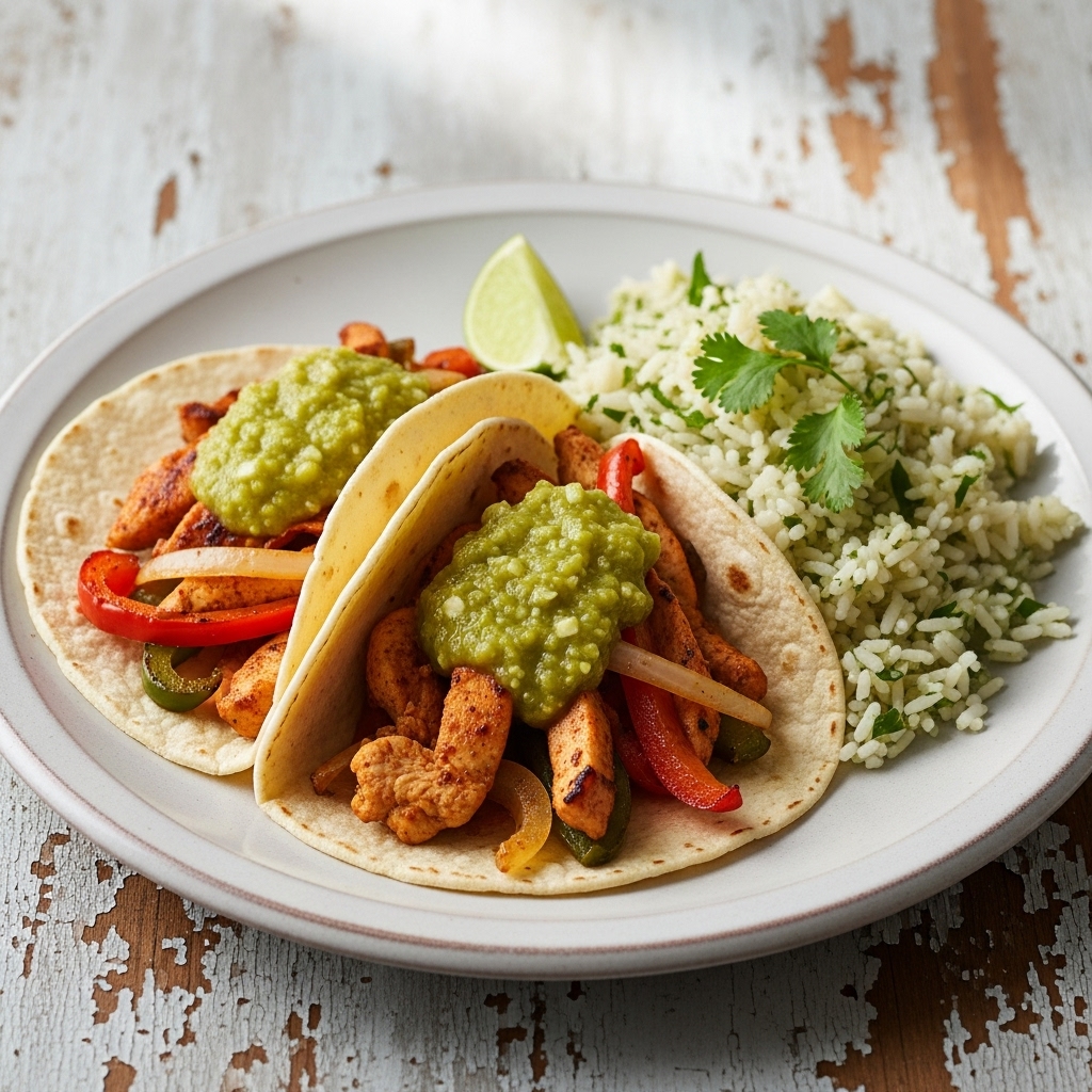 Mexican Dinner: Authentic Chicken Fajita Tacos with Tomatillo Salsa and Cilantro Lime Rice