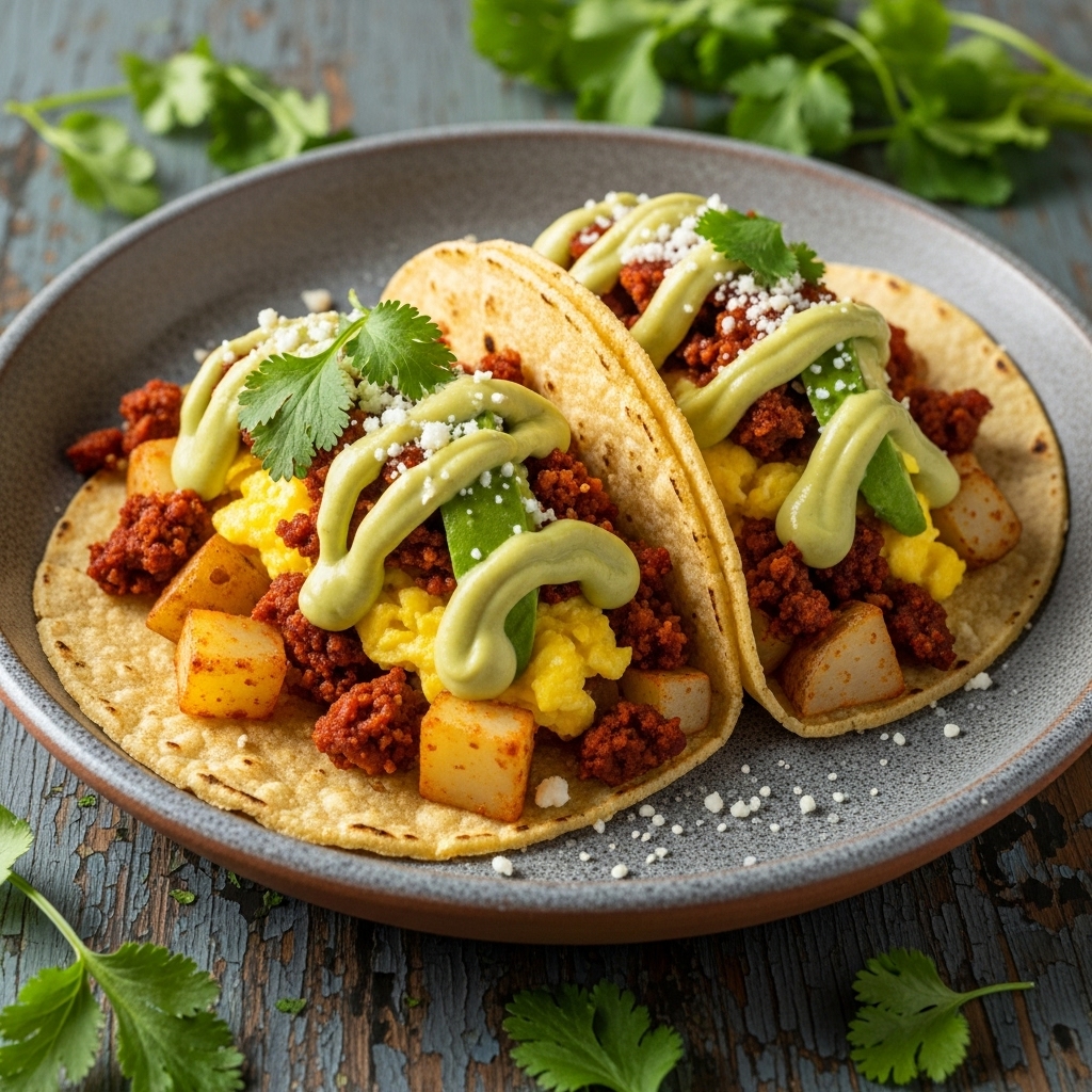 Mexican Gluten-Free Breakfast Tacos with Chipotle-Avocado Cream Sauce