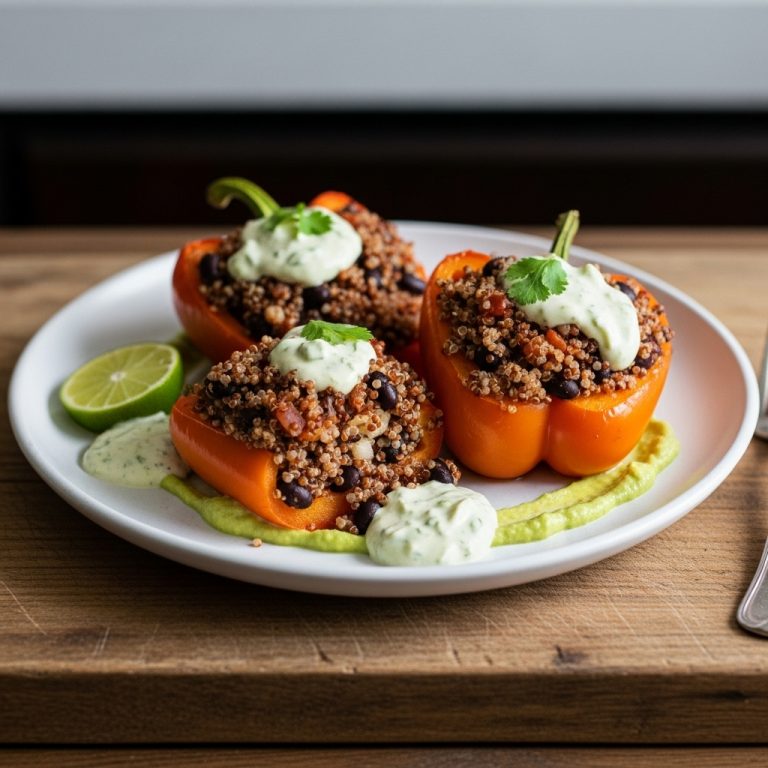 Mexican Vegetarian Fiesta: Spicy Black Bean and Quinoa Stuffed Bell Peppers with Creamy Avocado-Lime Dressing