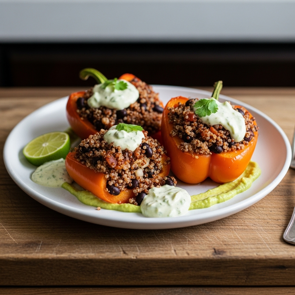 Mexican Vegetarian Fiesta: Spicy Black Bean and Quinoa Stuffed Bell Peppers with Creamy Avocado-Lime Dressing