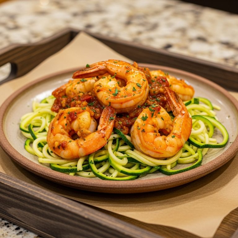 “Michelin-Star Cajun Keto Dinner: Spicy Shrimp Scampi Over Zucchini Noodles”