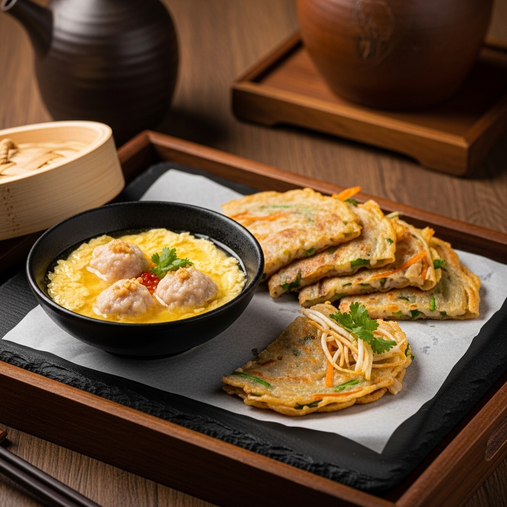 Michelin-Star Chinese Breakfast Feast: Savory Steamed Egg Soup with Pork Dumplings & Crispy Vegetable Pancakes
