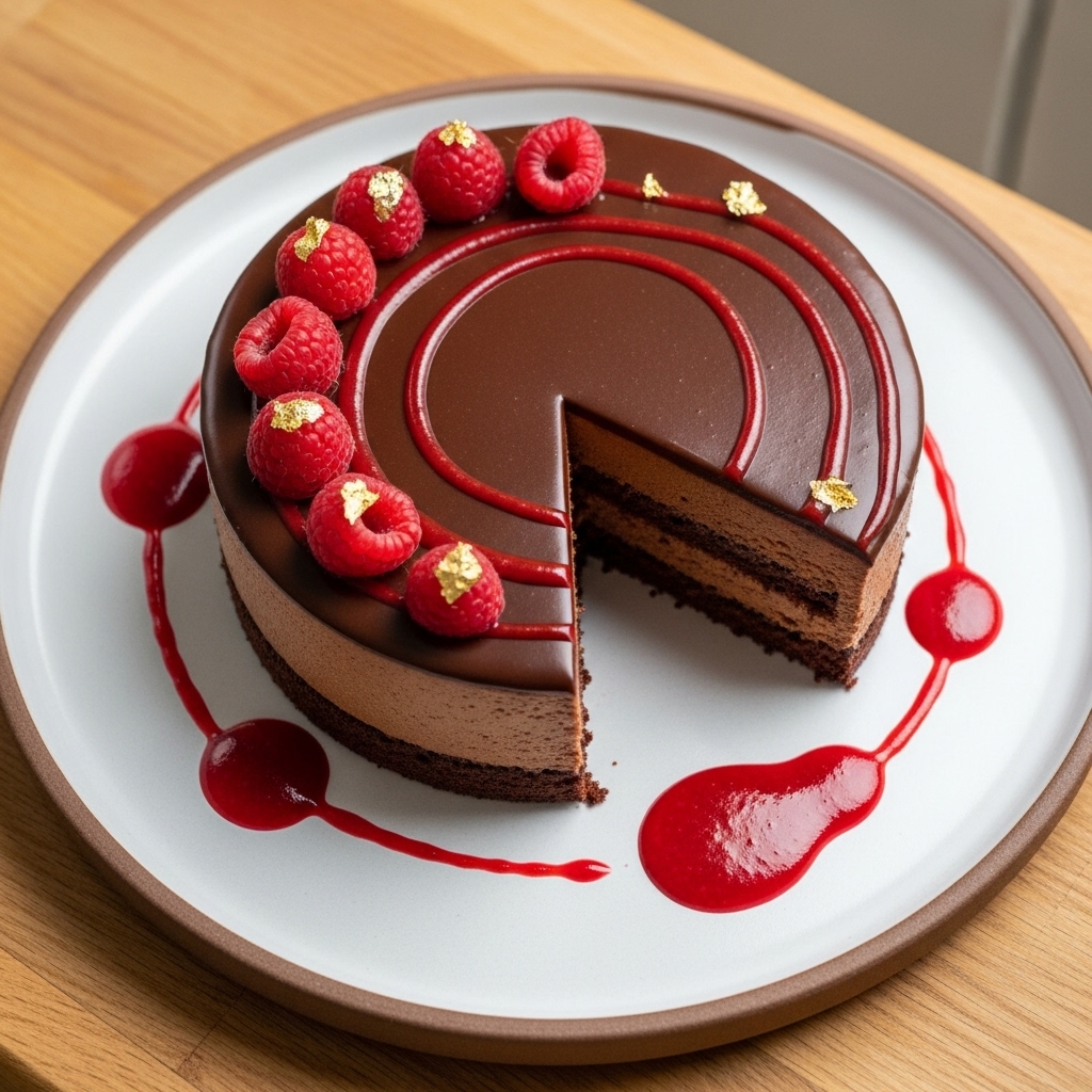 Michelin-Star Chocolate Mousse Cake with Raspberry Couli & Gold Leaf