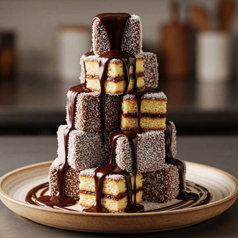 Michelin-Star Gluten-Free Australian Lamington Tower with Rich Chocolate Sauce