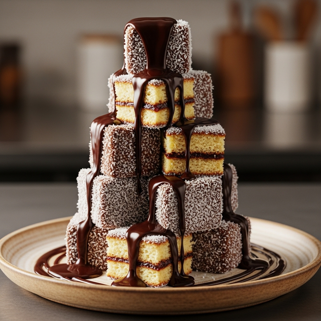 Michelin-Star Gluten-Free Australian Lamington Tower with Rich Chocolate Sauce