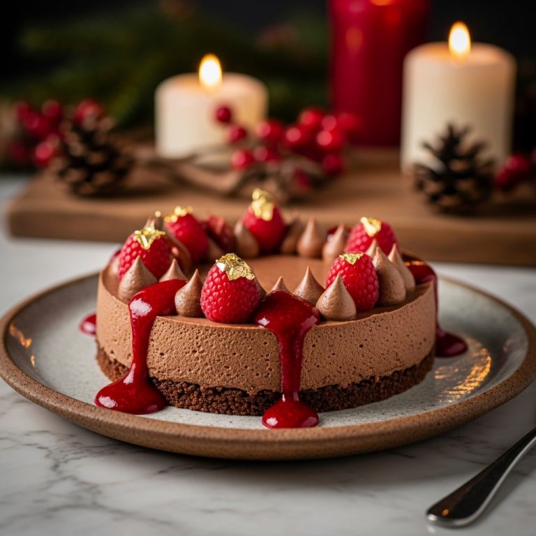 Michelin-Star Gluten-Free Chocolate Mousse Torte with Raspberry Coulis and Edible Gold Leaf