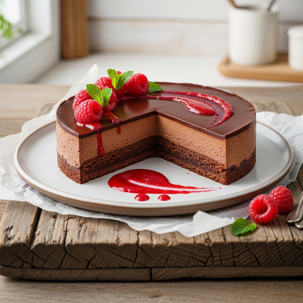 Michelin-Star Gluten-Free Chocolate Mousse Torte with Raspberry Coulis