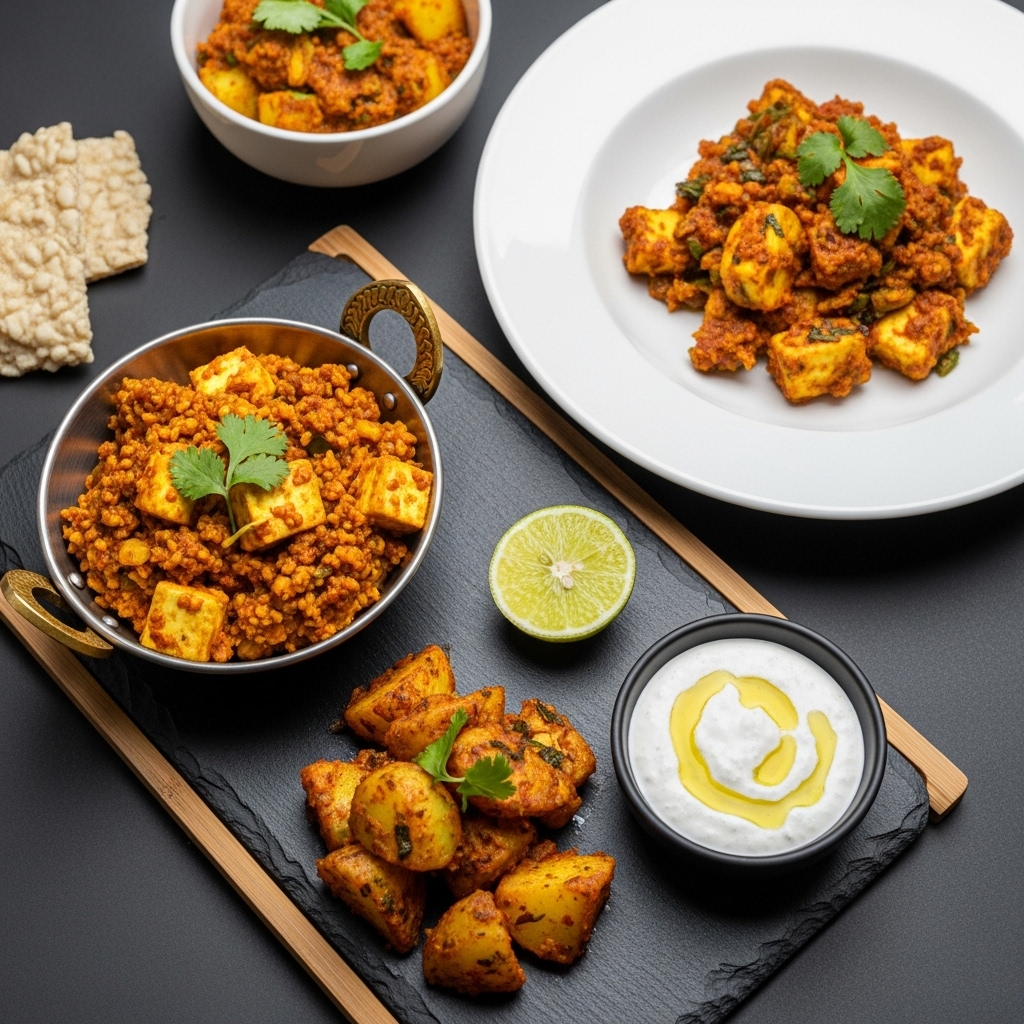 Michelin-Star Gluten-Free Indian Breakfast Feast: Delectable Paneer Bhurji, Masala Potatoes, and Coconut Lime Dip