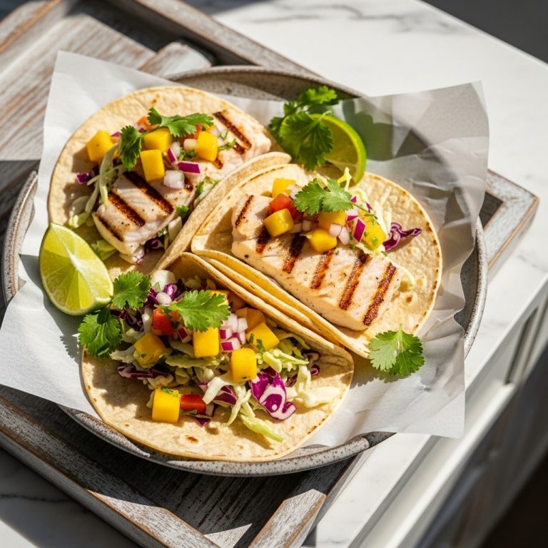 “Michelin-Star Hawaiian Lunch: Grilled Mahi-Mahi Tacos with Mango Salsa and Cilantro-Lime Slaw”