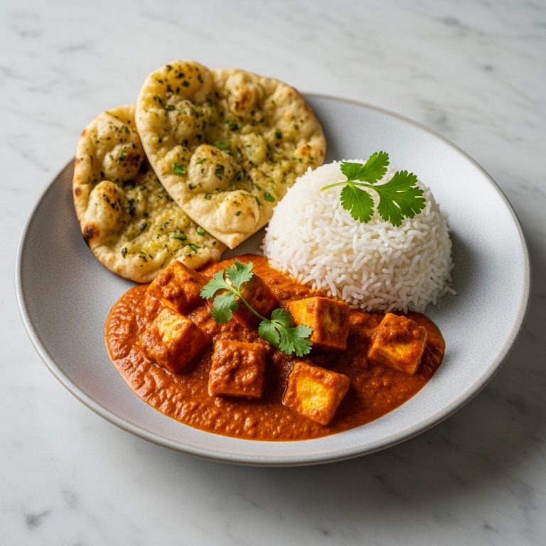 Michelin-Star Indian Lunch: Exquisite Paneer Tikka Masala with Cilantro Rice & Garlic Naan