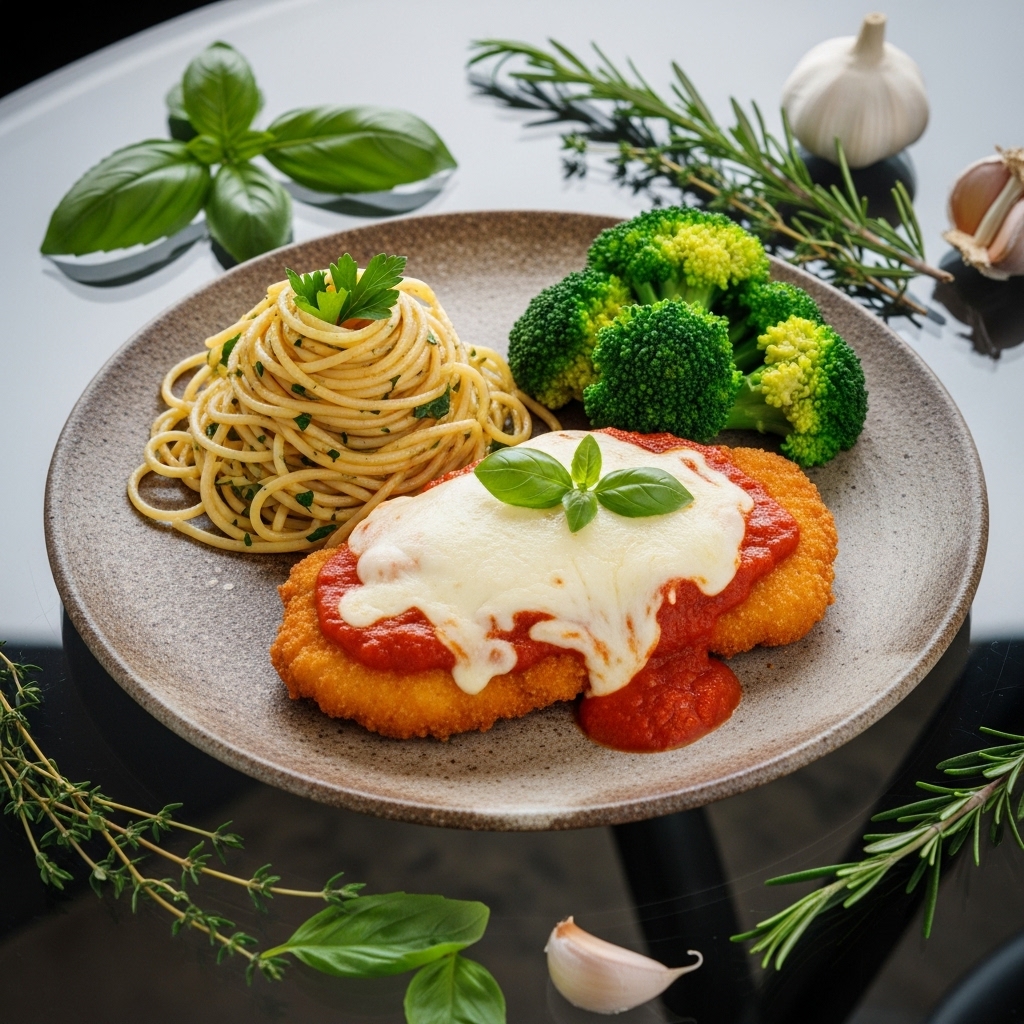Michelin-Star Italian Chicken Parmesan with Garlic Herb Spaghetti & Steamed Broccoli