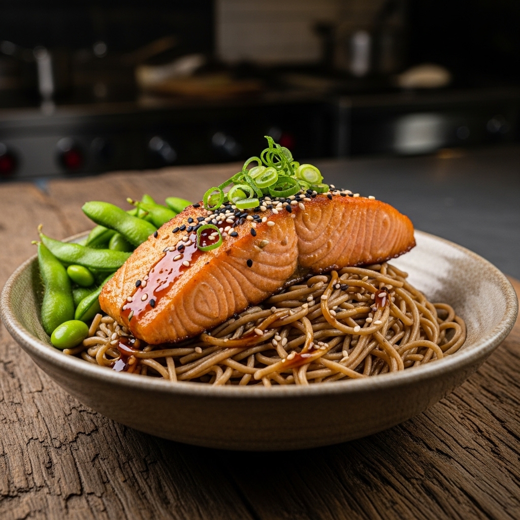Michelin-Star Japanese Dinner Experience: Miso-Marinated Salmon with Soba Noodle Bowl and Edamame