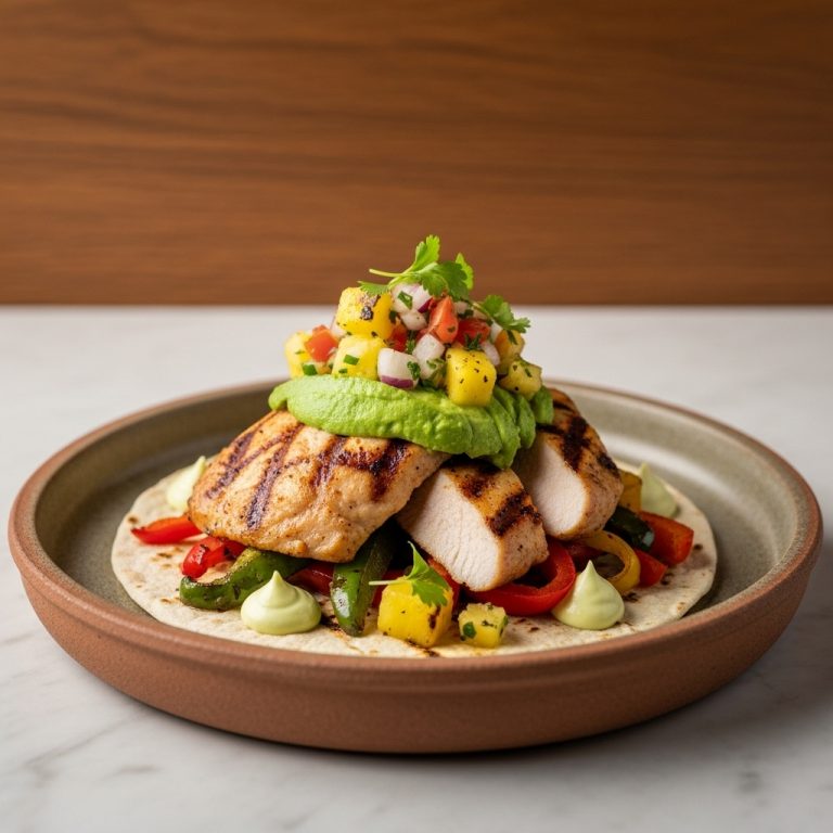 Michelin-Star Mexican Lunch: Spicy Grilled Chicken Fajitas with Avocado Crema & Grilled Pineapple Salsa (Gluten-Free)