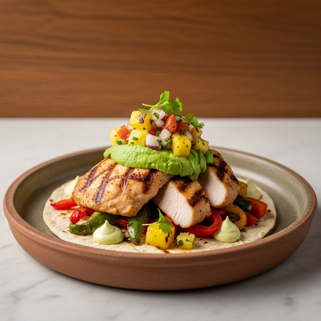 Michelin-Star Mexican Lunch: Spicy Grilled Chicken Fajitas with Avocado Crema & Grilled Pineapple Salsa (Gluten-Free)