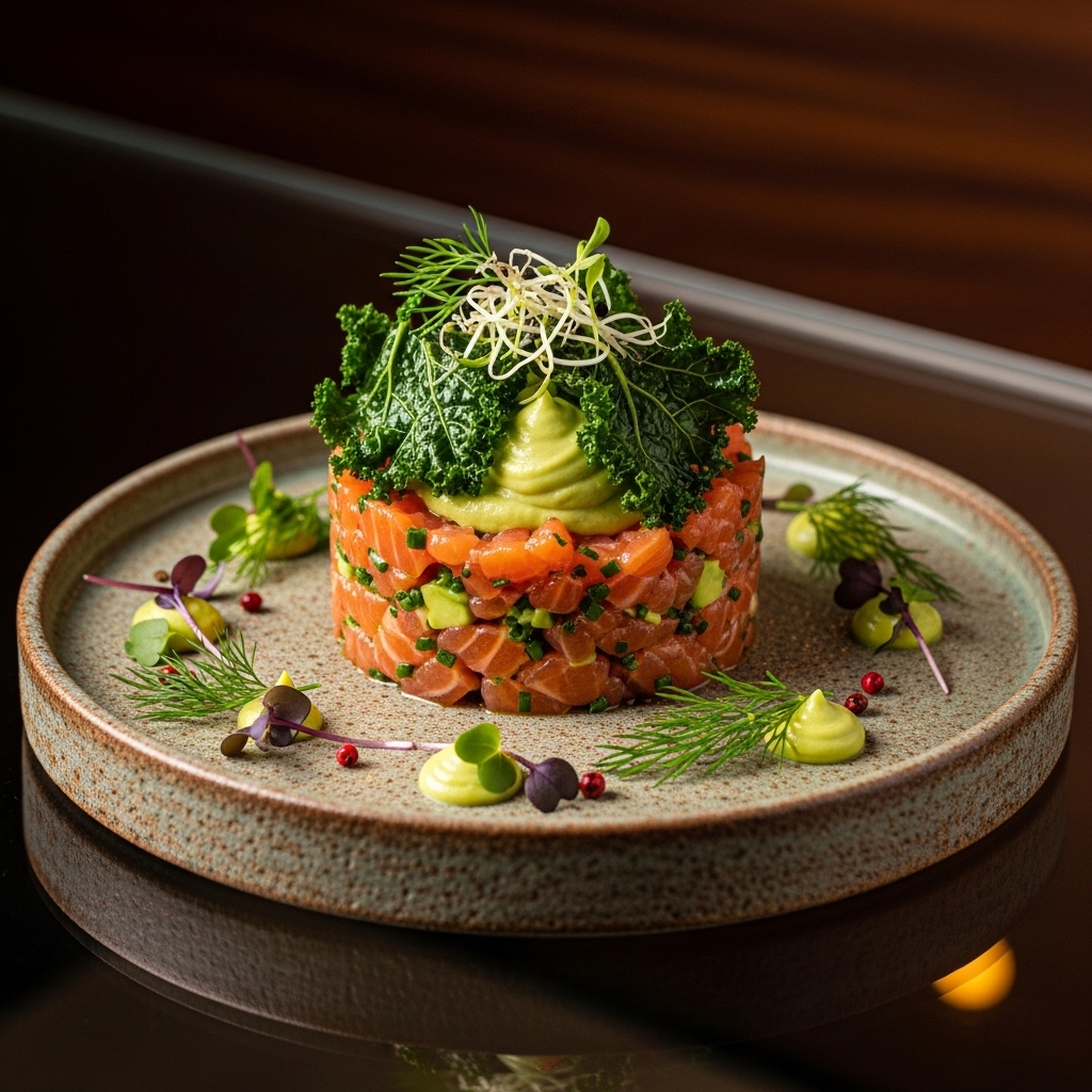 Michelin-Star NZ Salmon Tartare with Avocado Crema & Crispy Kale Chips