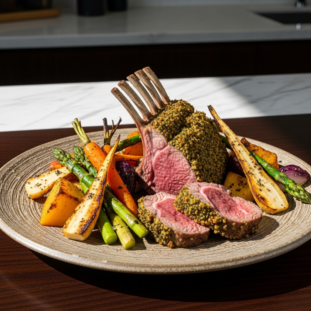 Michelin-Star New Zealand Gluten-Free Feast: Herb-Crusted Lamb Rack & Roasted Vegetables