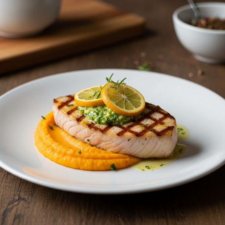 Michelin-Star New Zealand Seafood Dinner: Grilled Swordfish Steak with Citrus Herb Butter and Kumara Mash