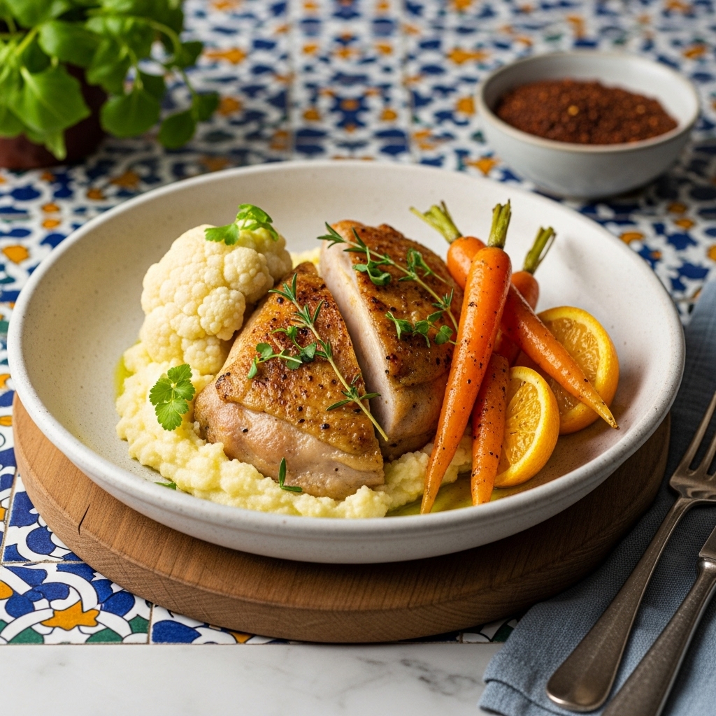 Michelin-Star Paleo French Lunch: Herb Roasted Chicken with Cauliflower Mash and Zesty Citrus Carrots