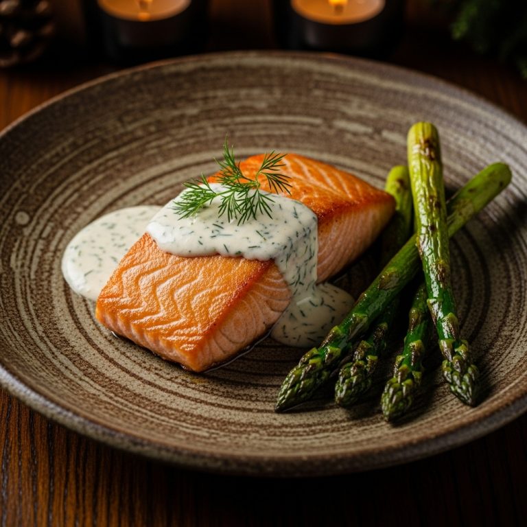 Michelin-Star Seared Salmon with Creamy Dill Sauce and Roasted Asparagus